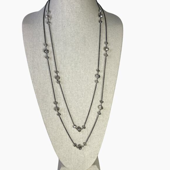Fashion Necklace Faceted Smokey Gray Sparkly Station Beads Gun Metal 2-Strand - Picture 5 of 10